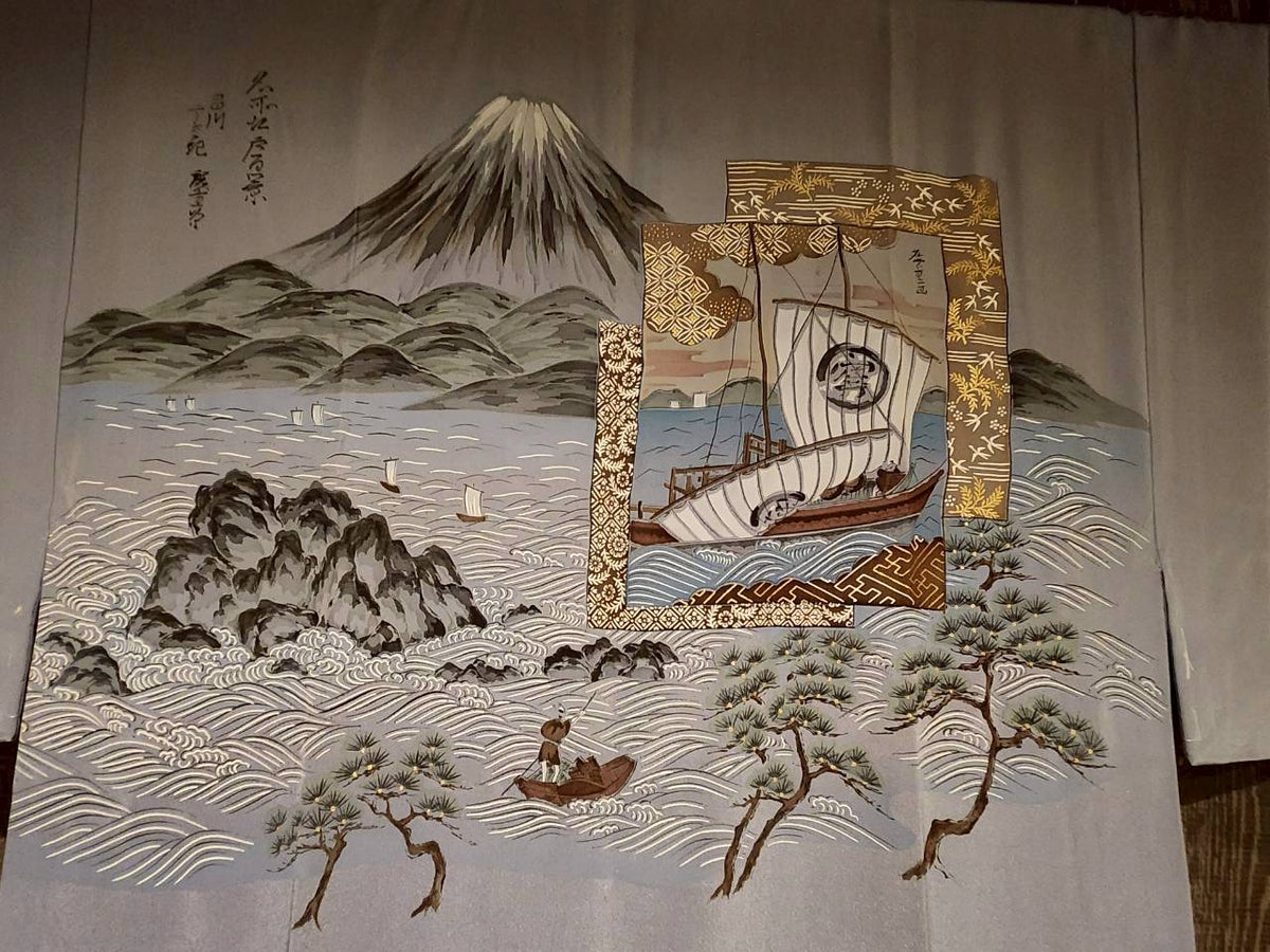 ヴィンテージ 男性用長襦袢 富士山・帆船柄(浮世絵調)
