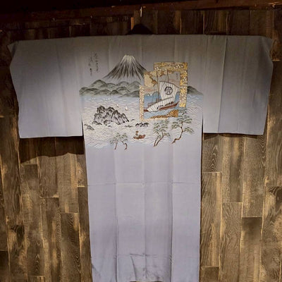 ヴィンテージ 男性用長襦袢 富士山・帆船柄(浮世絵調)