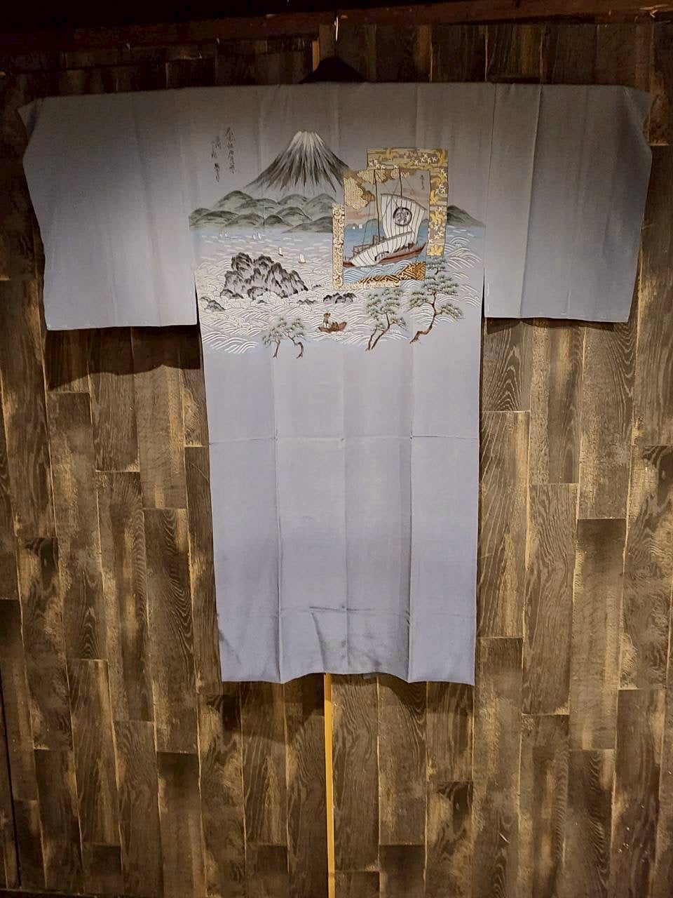 ヴィンテージ 男性用長襦袢 富士山・帆船柄(浮世絵調)