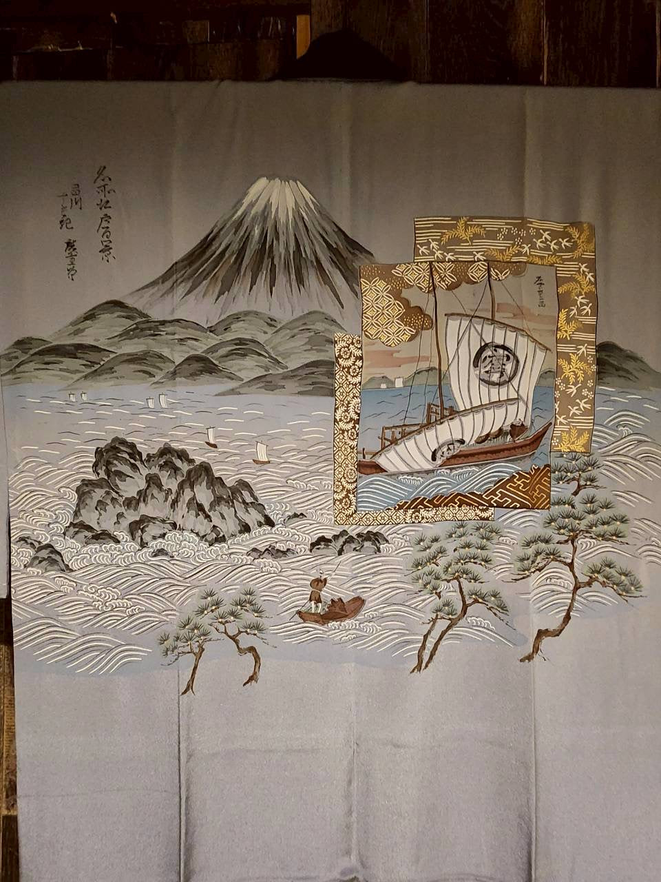 ヴィンテージ 男性用長襦袢 富士山・帆船柄(浮世絵調)